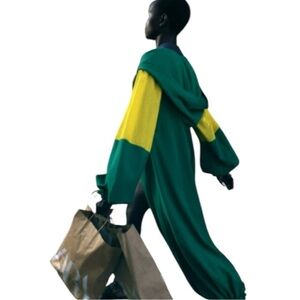 Zara Green, Blue & Yellow Color Block Hooded Full Length Jacket Trench Coat M